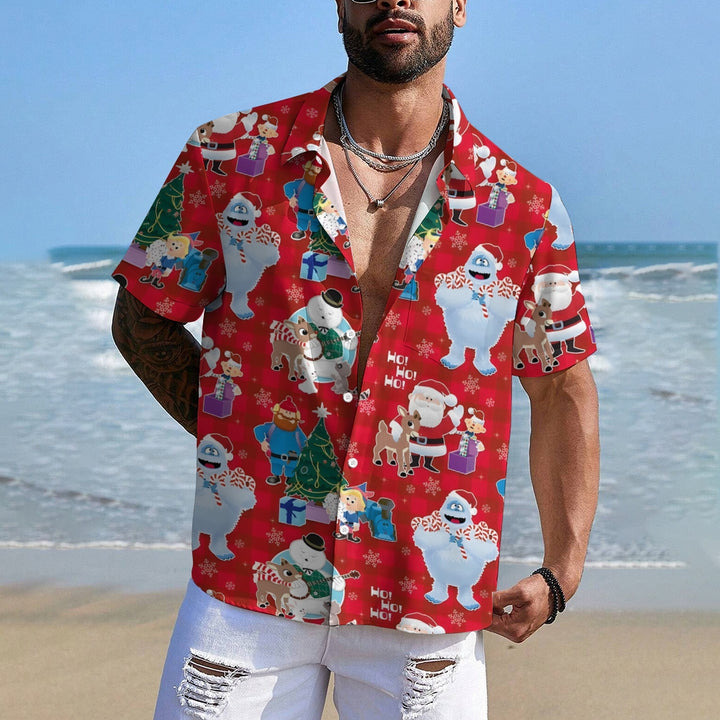 Christmas Holiday Red Men's Hawaiian Shirt Elk Cartoon Abominable Snow Monster Shirts 2311000185