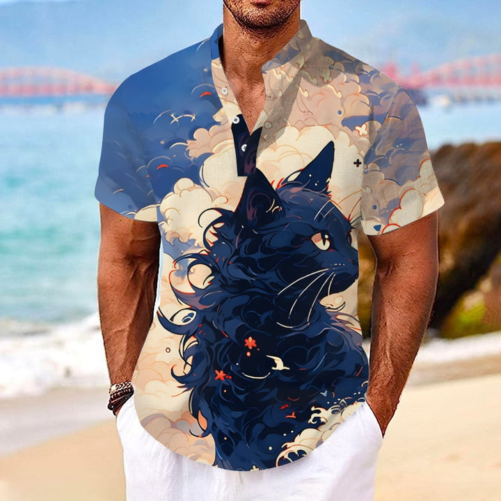 Sky & Cat Print Casual Linen Shirt 2409002364