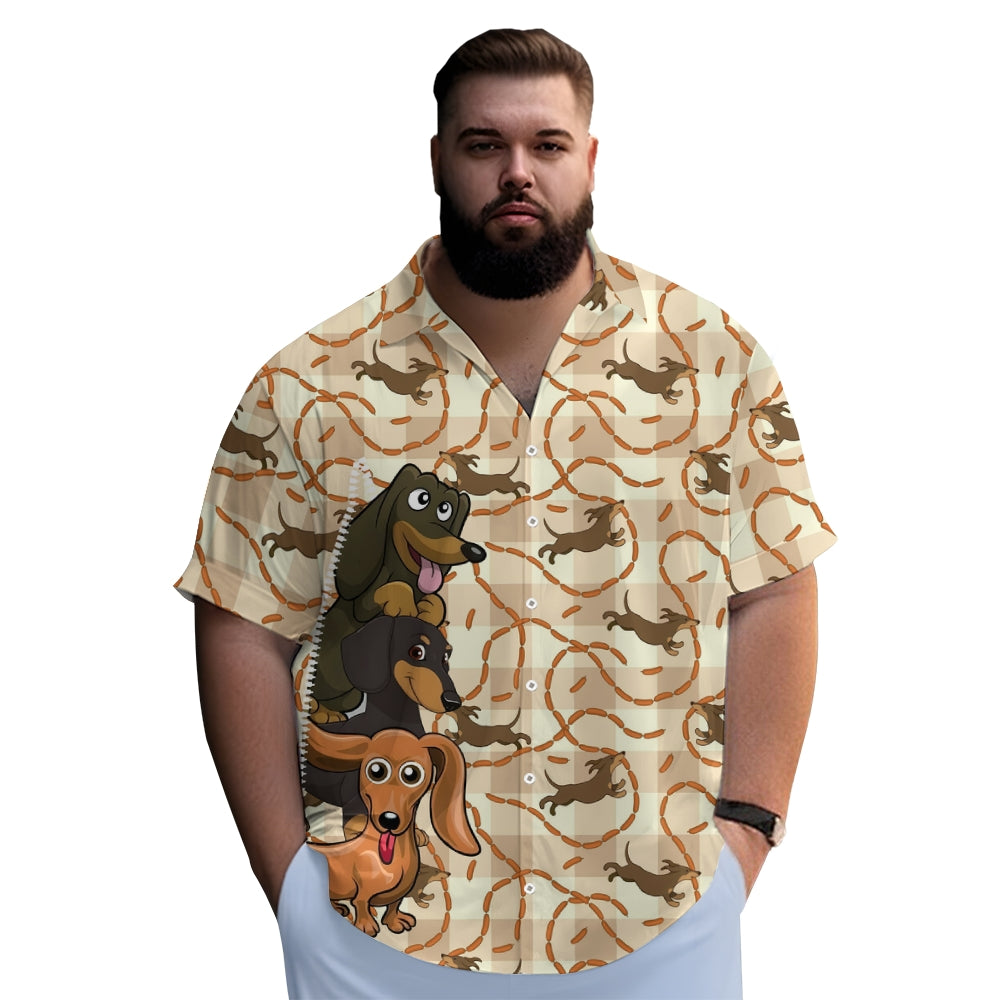 Brown Plaid Background Cartoon Dachshunds Printing Breast Pocket Short Sleeve Shirt