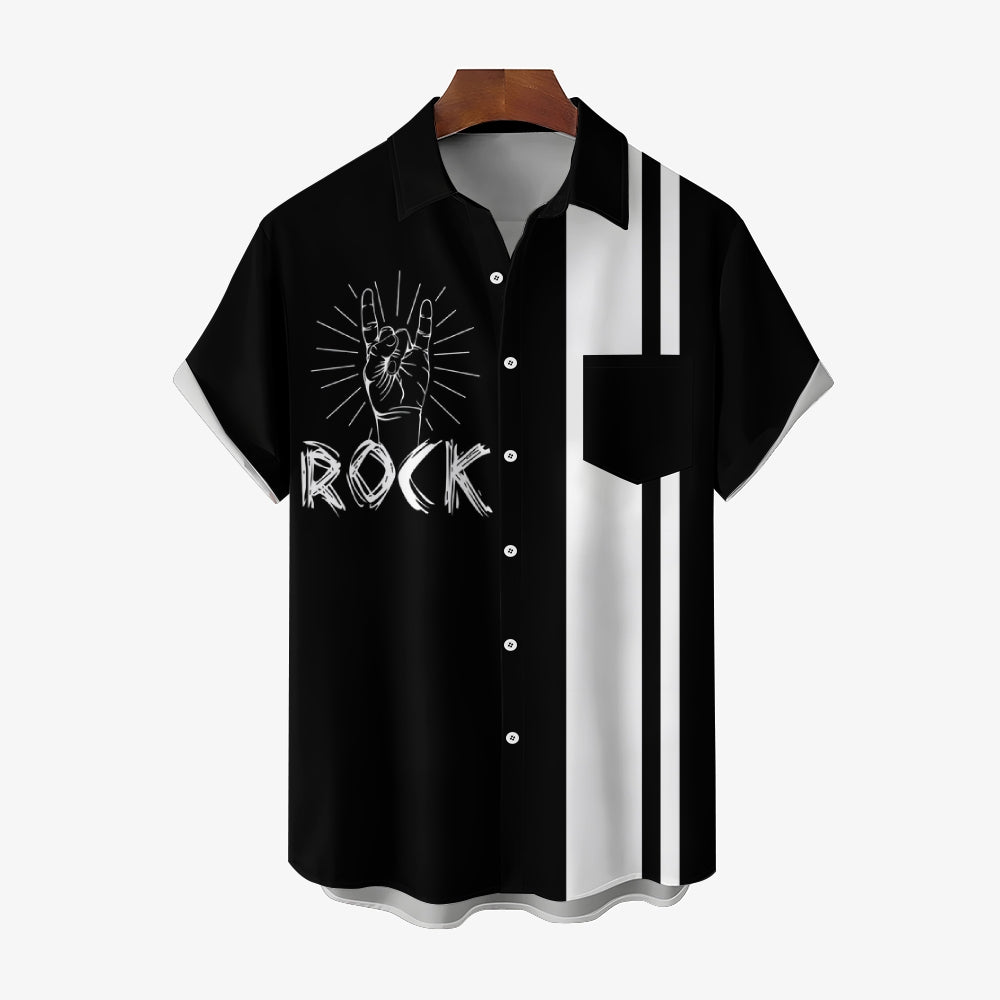 Rock Music Print Bowling Shirt Plus Size Casual Short Sleeve Shirt 2404000704