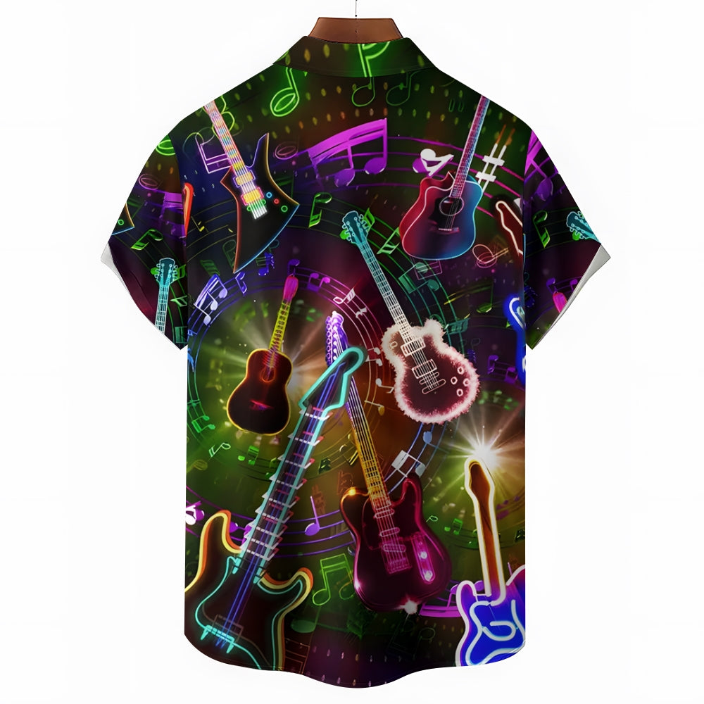 Guitar Print Trendy Lapel Button Short Sleeve Shirt 2409002047