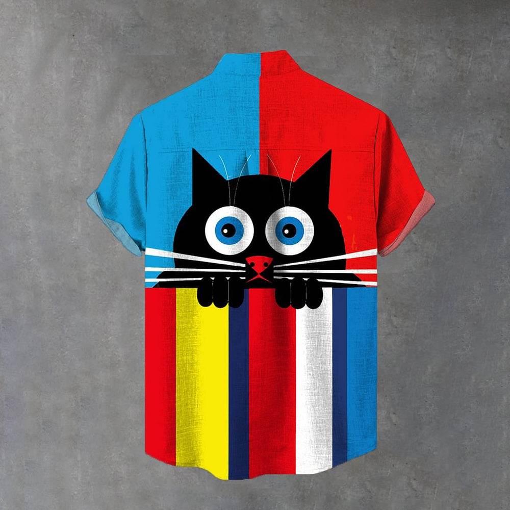 Colorful Stripes And Cute Black Cat Printing Breast Pocket Cotton Linen Short Sleeve Shirt