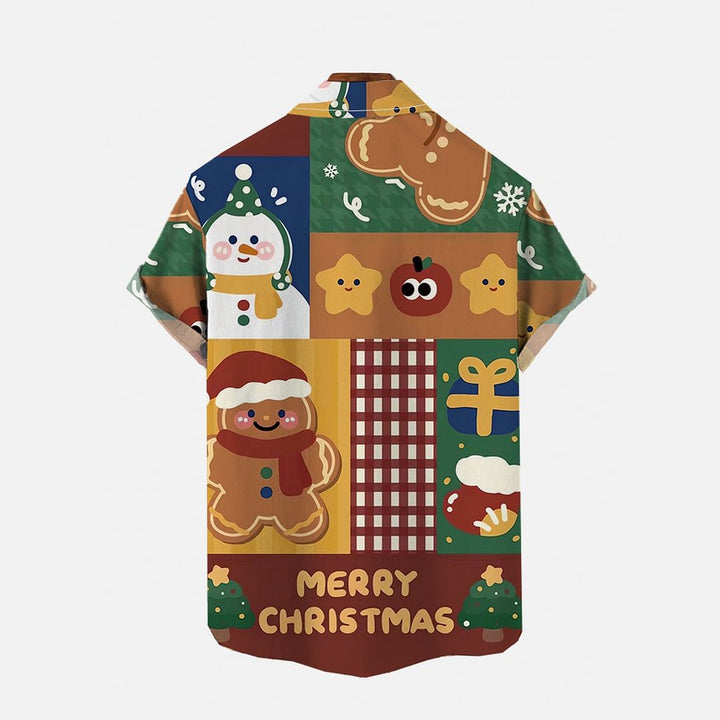 Christmas Color Gingerbread Man Patchwork Print Short Sleeve Shirt