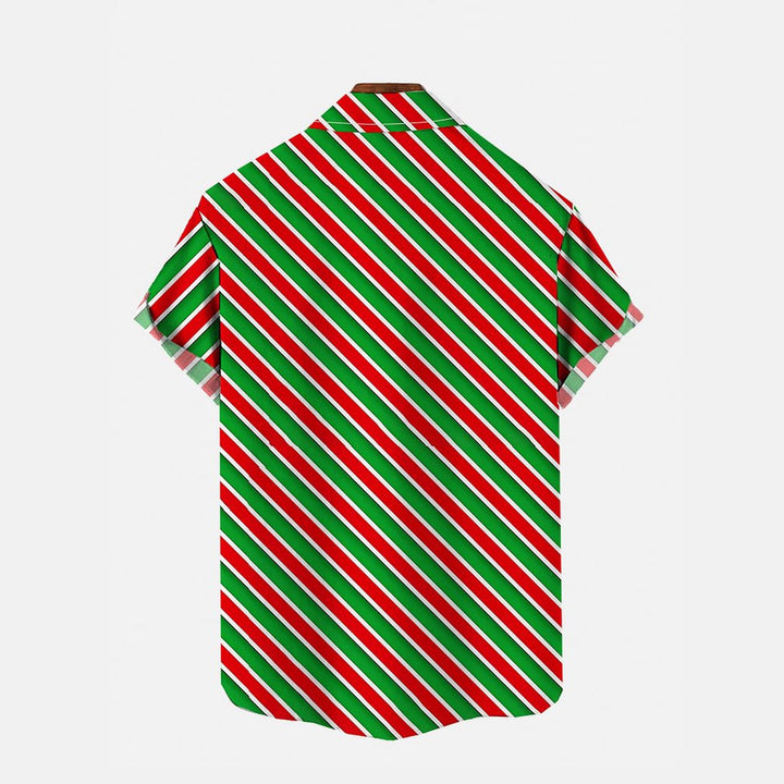 Red And Green Striped Gift Box Print Holiday Gift Short Sleeve Shirt