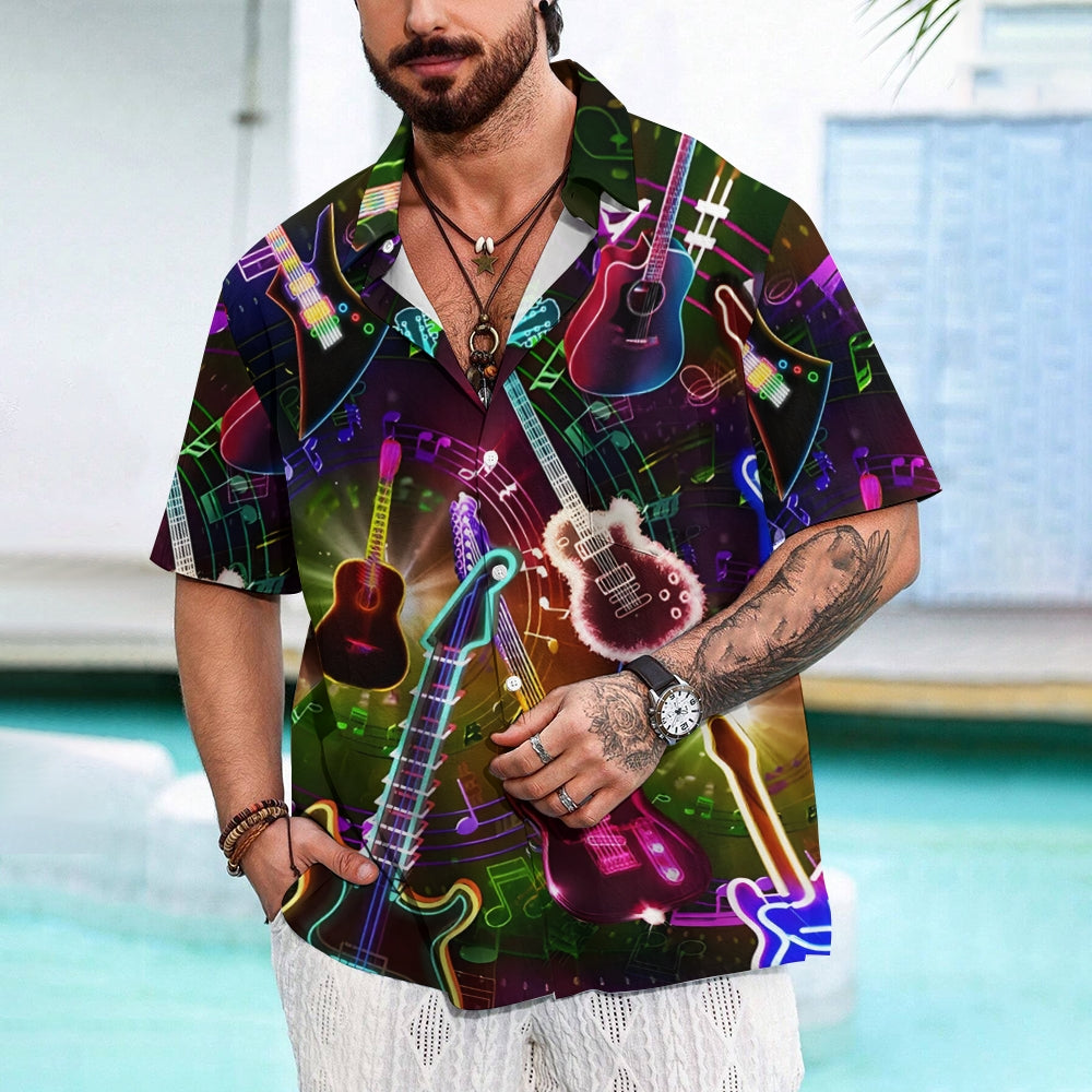 Guitar Print Trendy Lapel Button Short Sleeve Shirt 2409002047