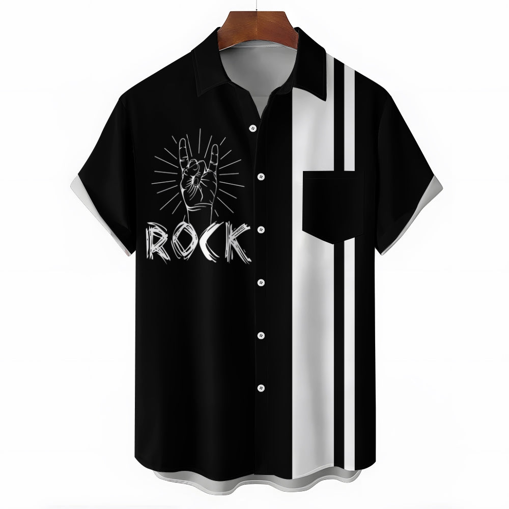 Rock Music Print Bowling Shirt Plus Size Casual Short Sleeve Shirt 2404000704