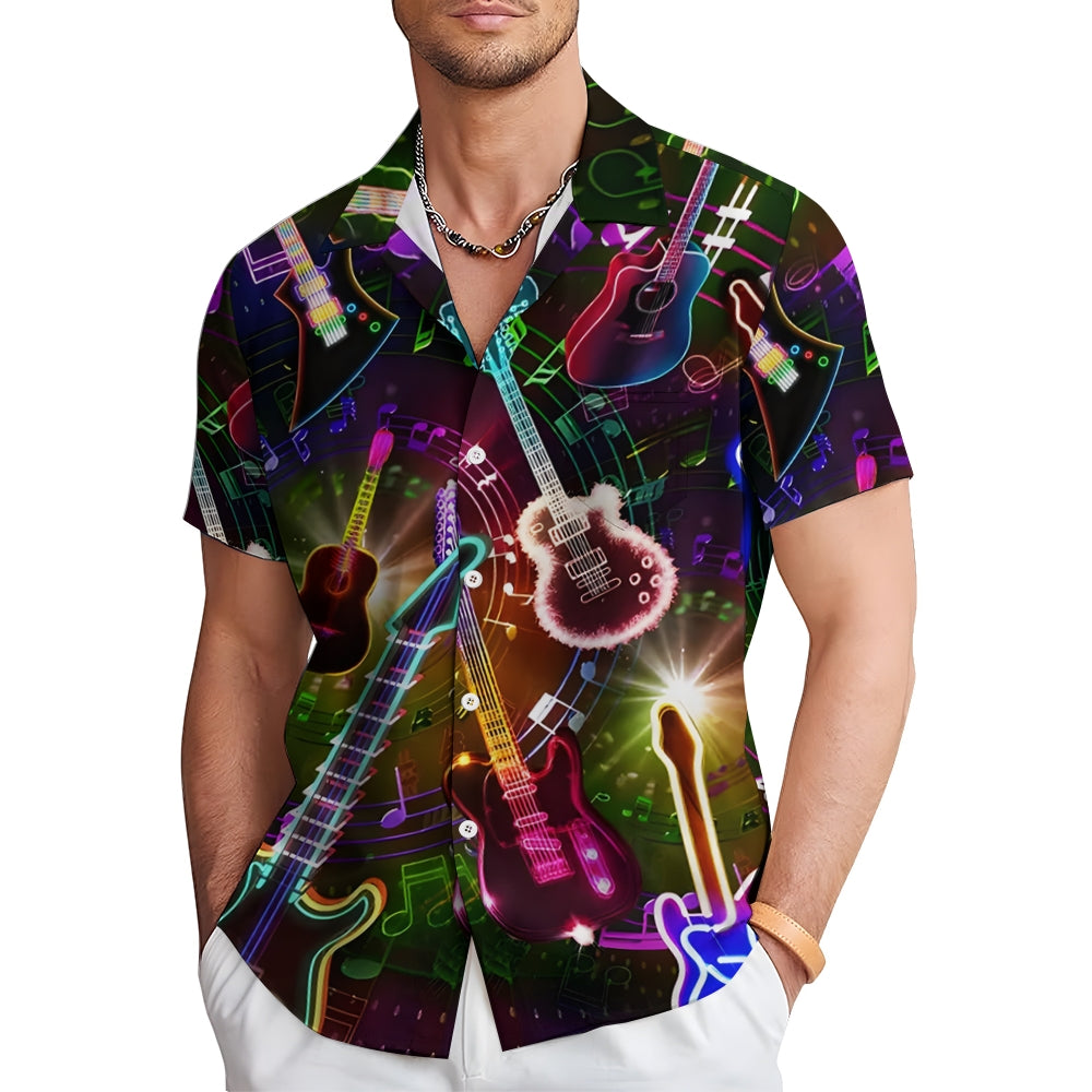 Guitar Print Trendy Lapel Button Short Sleeve Shirt 2409002047