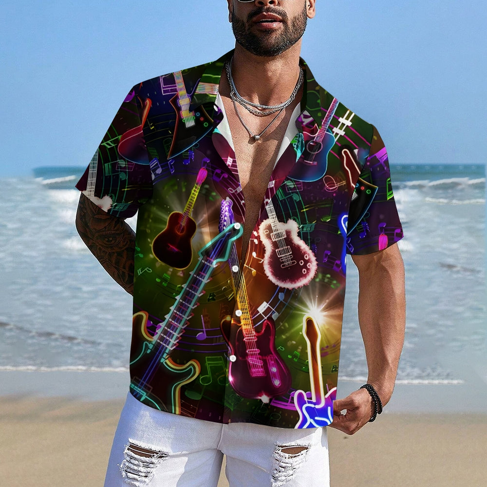 Guitar Print Trendy Lapel Button Short Sleeve Shirt 2409002047