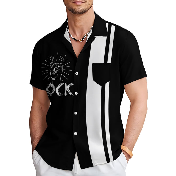 Rock Music Print Bowling Shirt Plus Size Casual Short Sleeve Shirt 2404000704