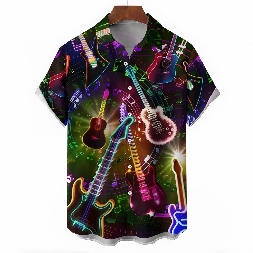 Guitar Print Trendy Lapel Button Short Sleeve Shirt 2409002047