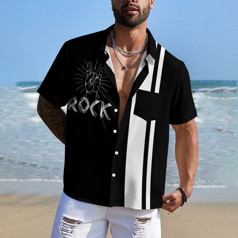 Rock Music Print Bowling Shirt Plus Size Casual Short Sleeve Shirt 2404000704