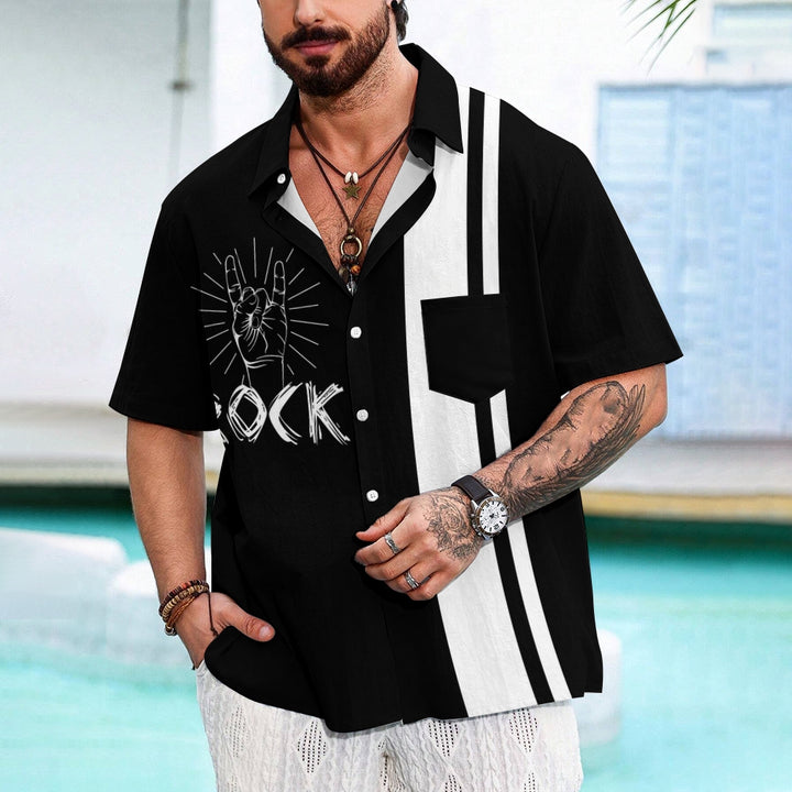 Rock Music Print Bowling Shirt Plus Size Casual Short Sleeve Shirt 2404000704