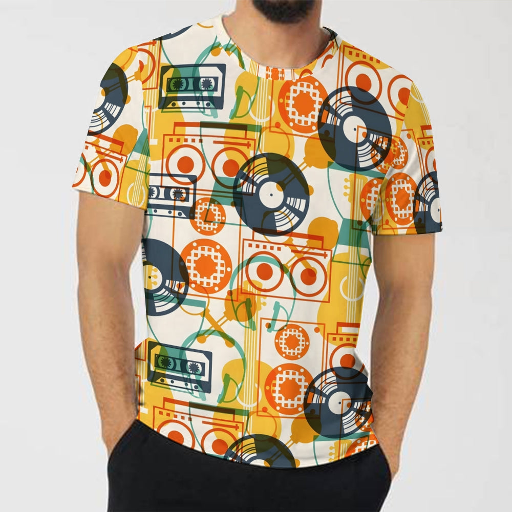 Men's Music Vinyl Record Geometric Round Neck Casual T-Shirt 2403000477