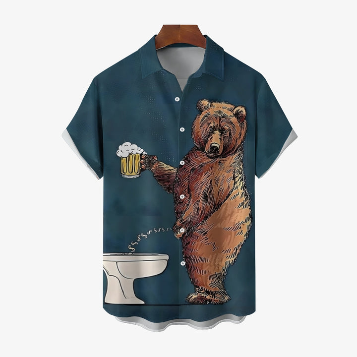 Fun Bear Beer Print Casual Short Sleeve Shirt 2409002428