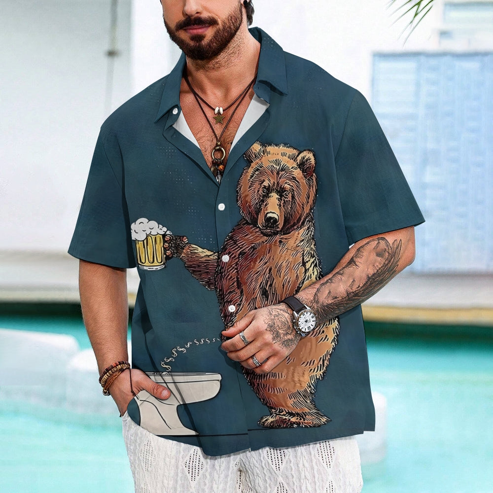 Fun Bear Beer Print Casual Short Sleeve Shirt 2409002428