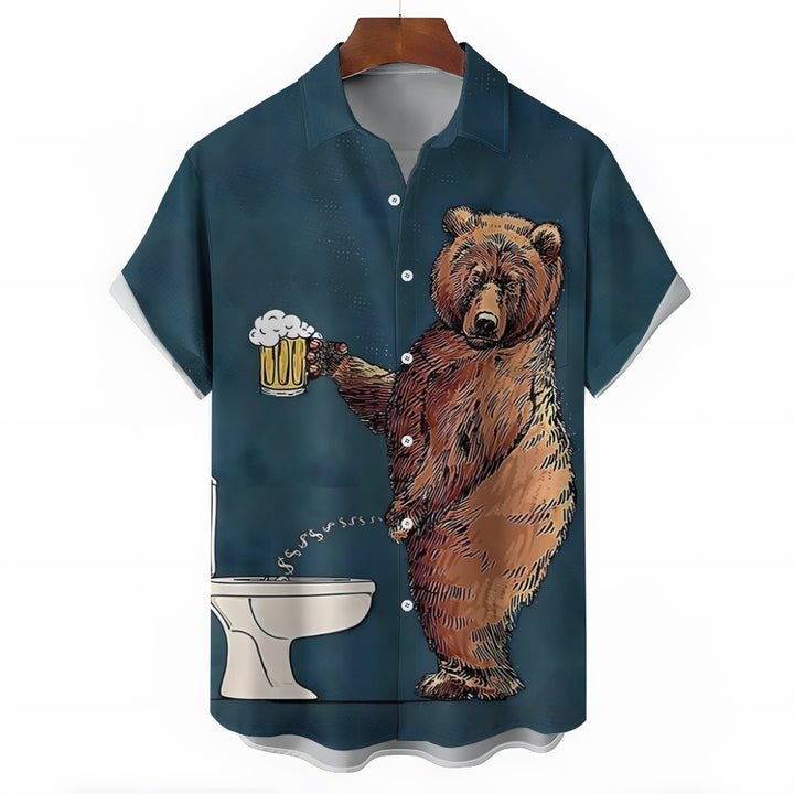 Fun Bear Beer Print Casual Short Sleeve Shirt 2409002428