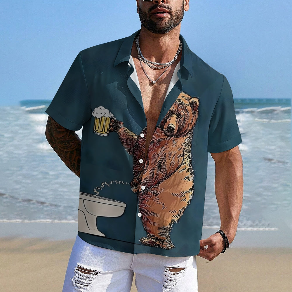 Fun Bear Beer Print Casual Short Sleeve Shirt 2409002428