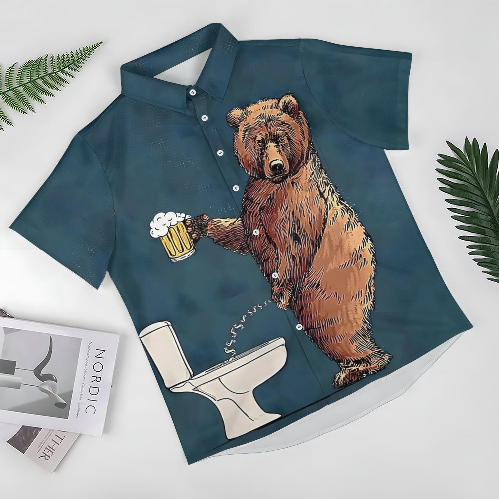 Fun Bear Beer Print Casual Short Sleeve Shirt 2409002428