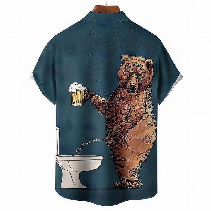 Fun Bear Beer Print Casual Short Sleeve Shirt 2409002428