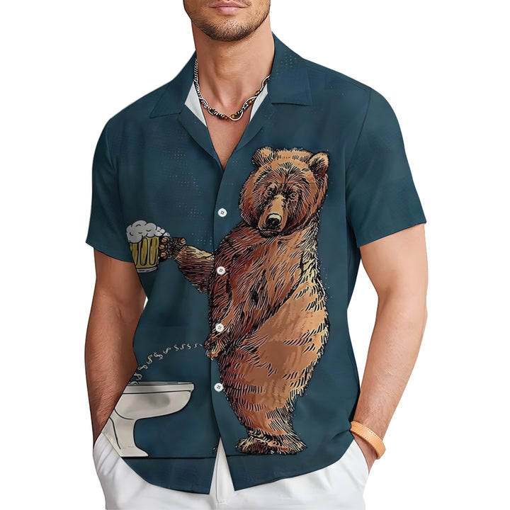 Fun Bear Beer Print Casual Short Sleeve Shirt 2409002428