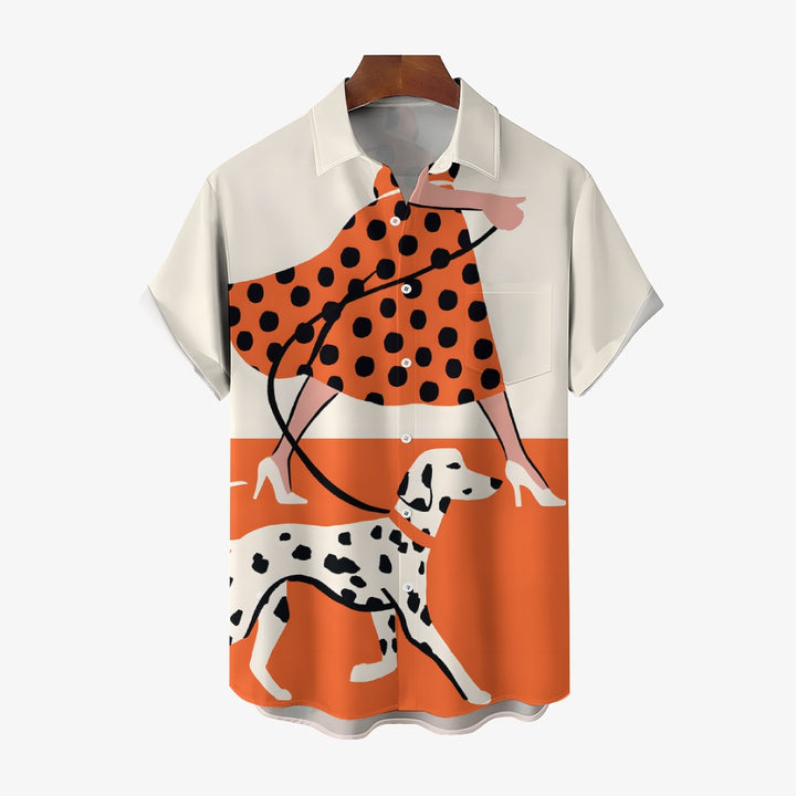 Men's Fun Pop Art Dalmatian Dog Walk Print Linen Blend Shirt 2409004954