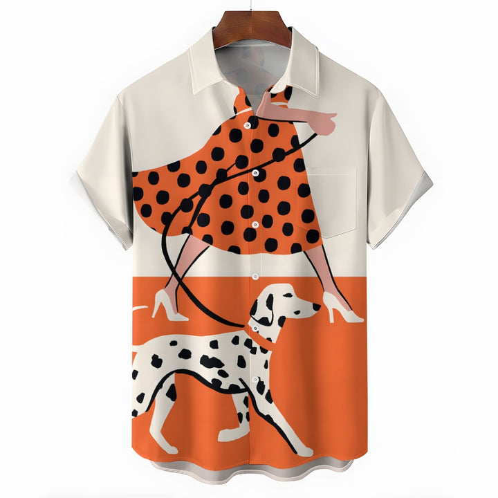 Men's Fun Pop Art Dalmatian Dog Walk Print Linen Blend Shirt 2409004954