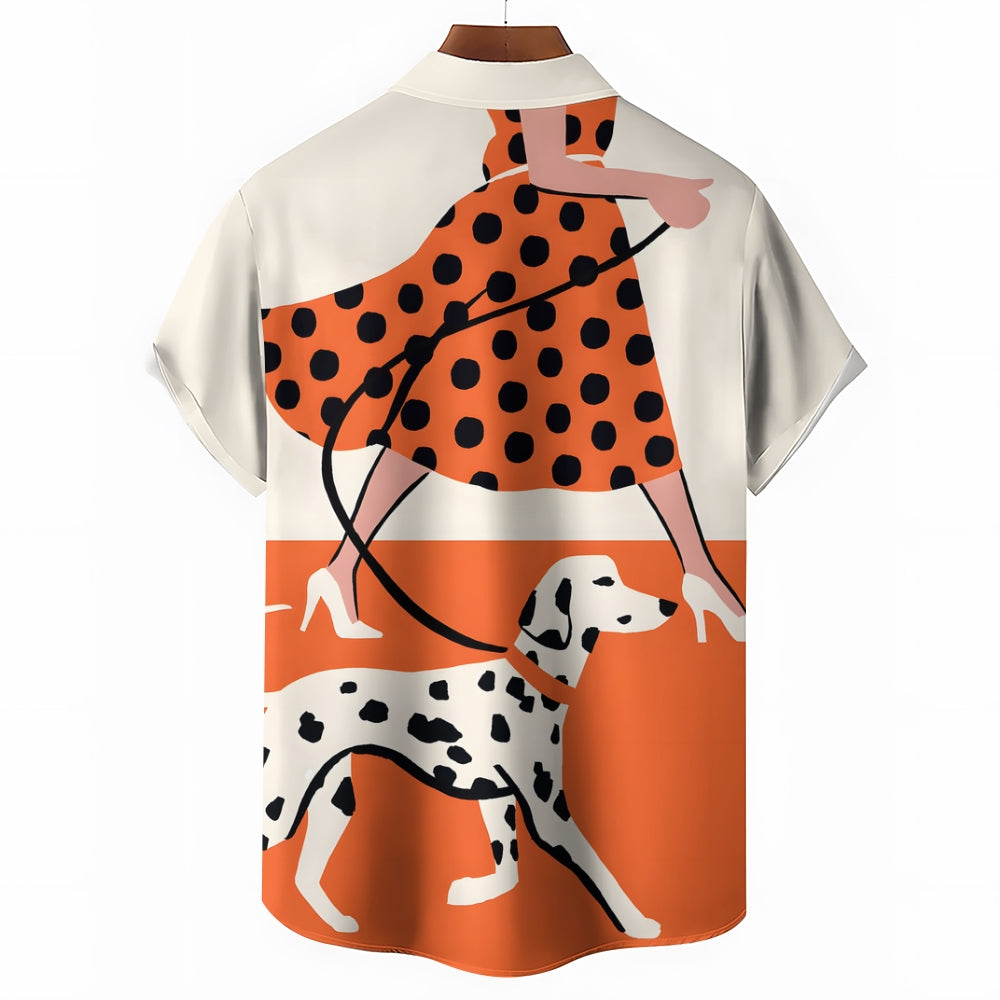 Men's Fun Pop Art Dalmatian Dog Walk Print Linen Blend Shirt 2409004954