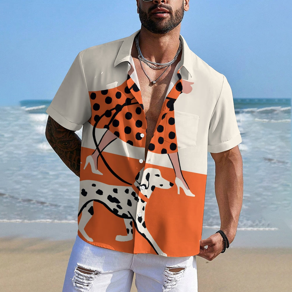 Men's Fun Pop Art Dalmatian Dog Walk Print Linen Blend Shirt 2409004954