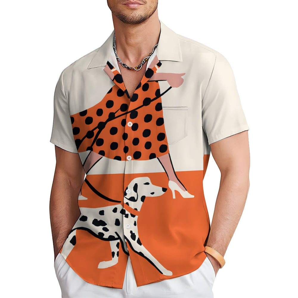 Men's Fun Pop Art Dalmatian Dog Walk Print Linen Blend Shirt 2409004954