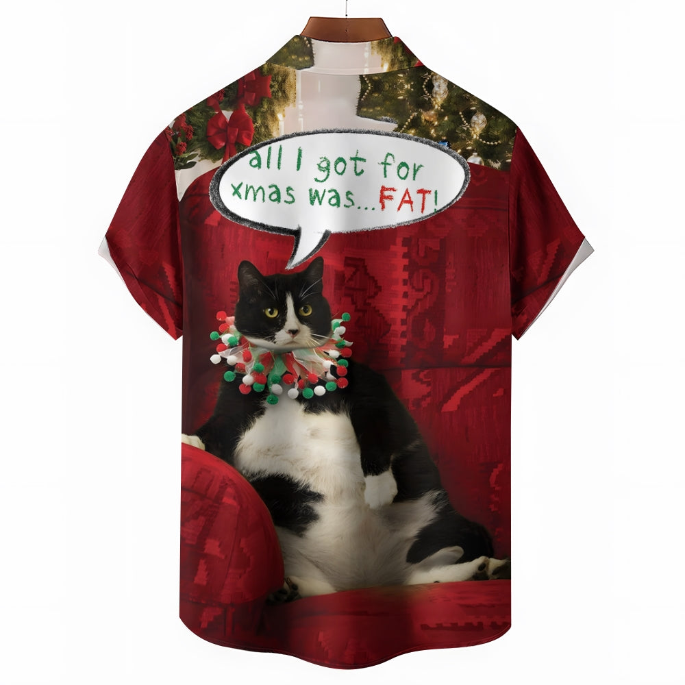 Christmas Fat Cat Fun Print Short Sleeve Shirt 2410003712