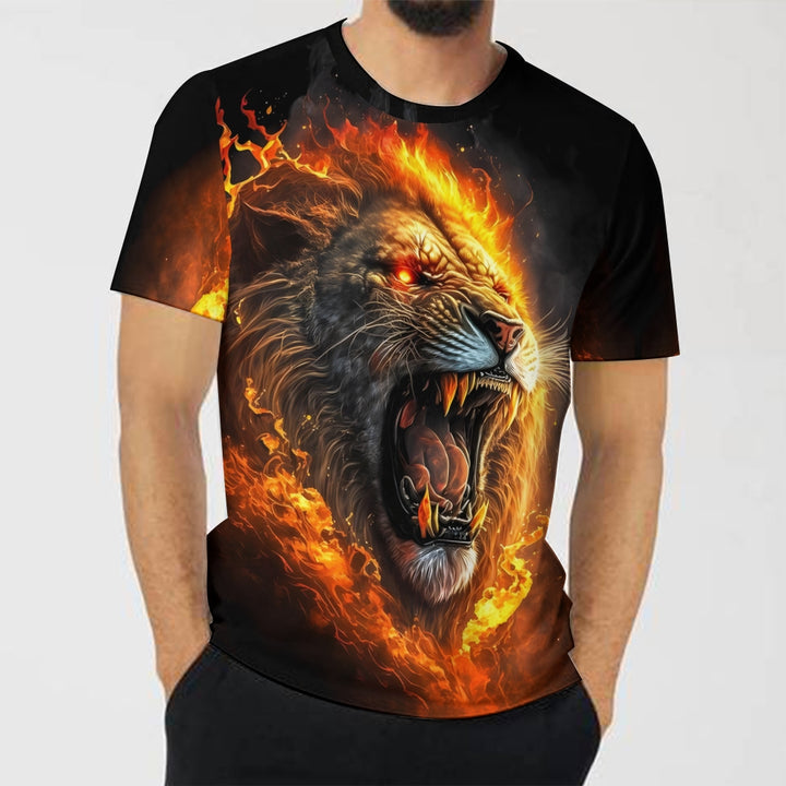 Fierce Flame Lion Printed Casual Short Sleeve T-shirt 2408006919