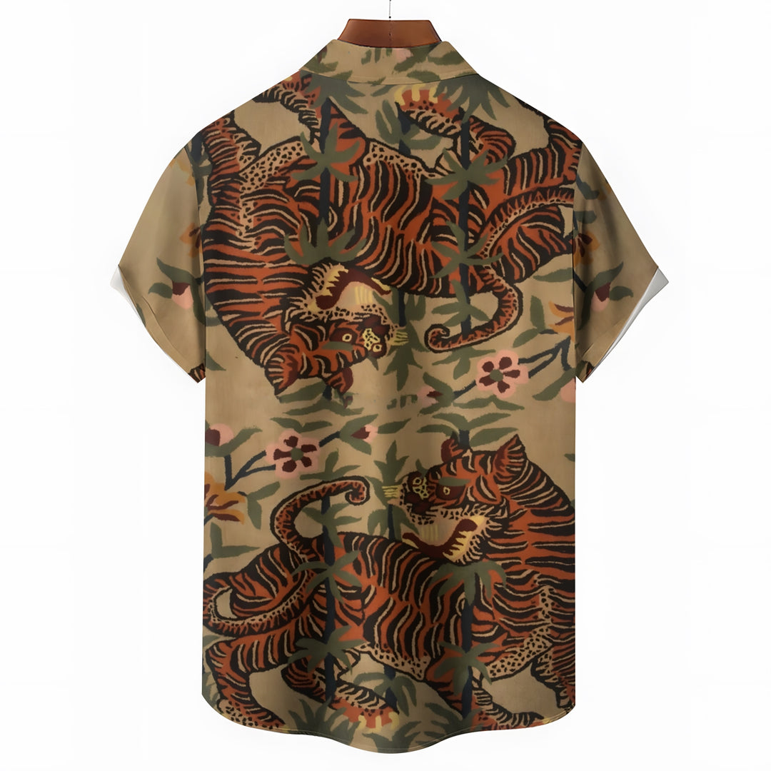 Men's Vintage Tiger Art Print Casual Short Sleeve Shirt 2403000727