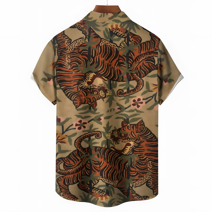 Men's Vintage Tiger Art Print Casual Short Sleeve Shirt 2403000727