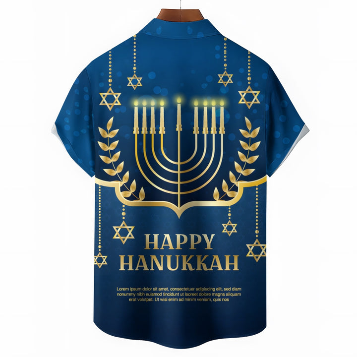 Happy Hanukkah Candle Print Short Sleeve Shirt 2411011956