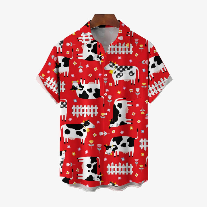 Cow Fence Red Casual Short Sleeve Shirt 2409008970