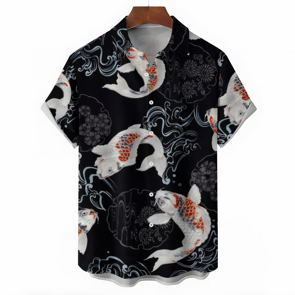 Koi Art Lucky Print Casual Short Sleeve Shirt 2412009968