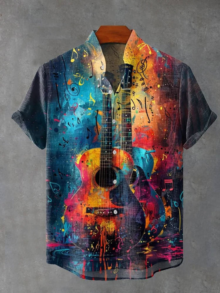 Splash Style Guitar And Musical Notes Short Sleeve Shirt