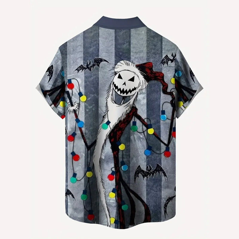 Men's Striped Halloween Bat & Smile Print Short-Sleeve Shirt