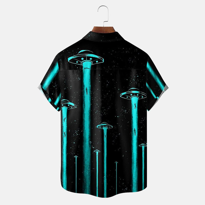 UFO Steal People Print Chest Pocket Casual Short Sleeve Shirt