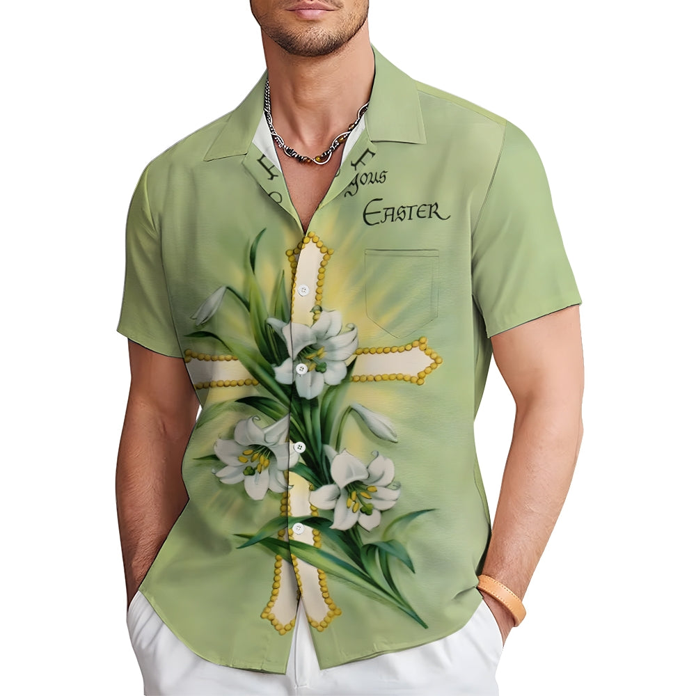 Easter Lily Cross Print Casual Short Sleeve Shirt 2412009965