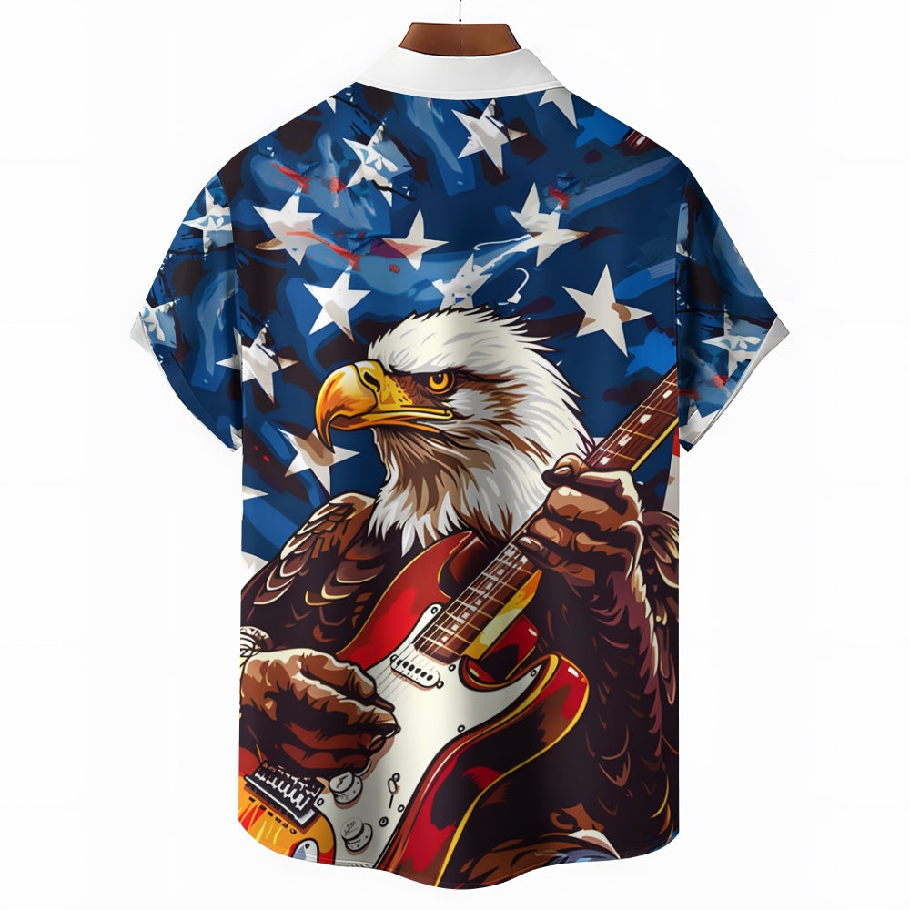 Stars and Stripes Eagle Print Casual Oversized Short Sleeve Shirt 2406003504