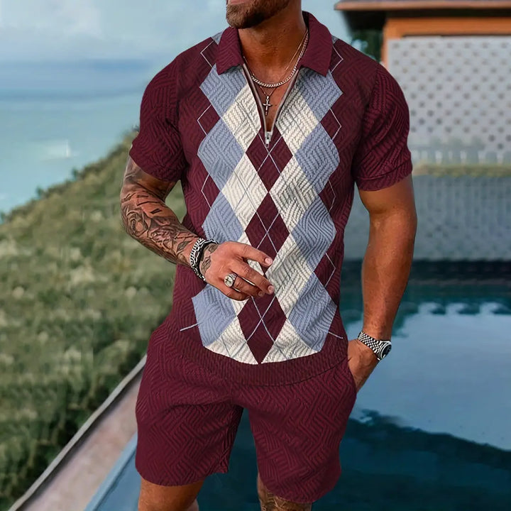 Men's Fashion Argyle Graphic Shirt Shorts Set