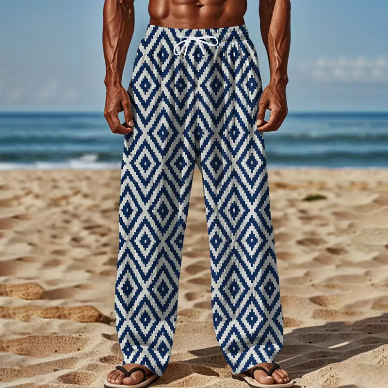 Men's Allover Rhombus Print Pants With Drawstring