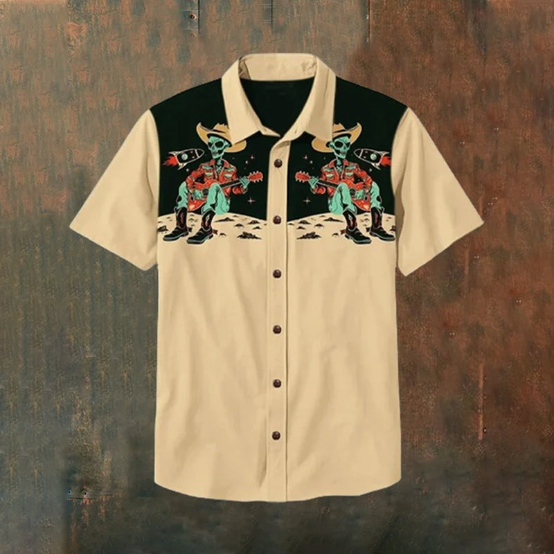 Men's Western Retro Alien Cowboy Print Shirt