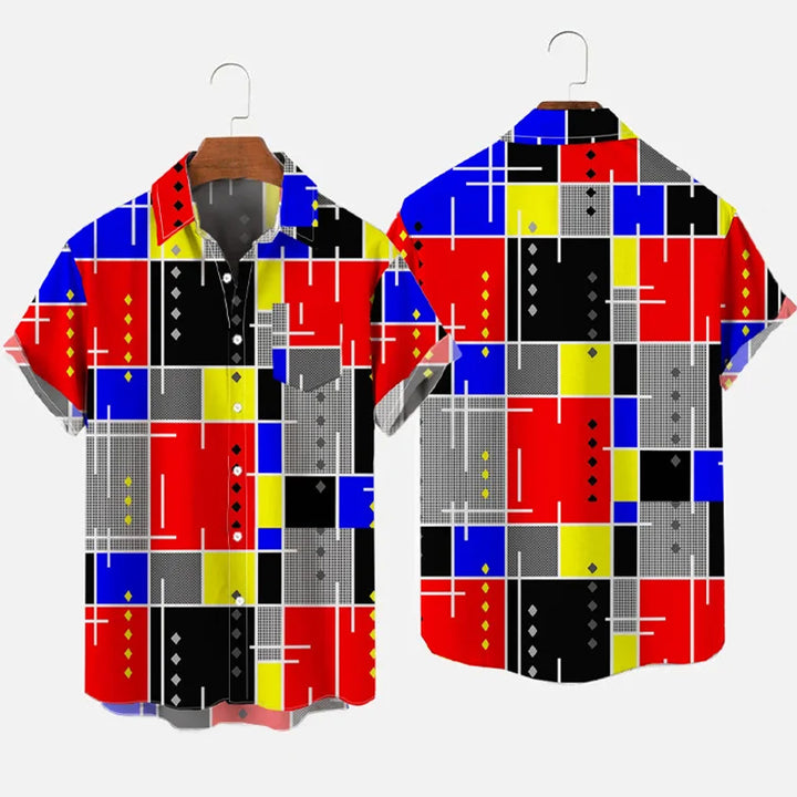 Vintage Art Color Blocks and Lines Pattern Printing Breast Pocket Short Sleeve Shirt