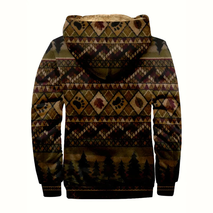 Men's Paw Print Tree And Geometric Graphic Pattern Hooded Long Sleeve Jacket