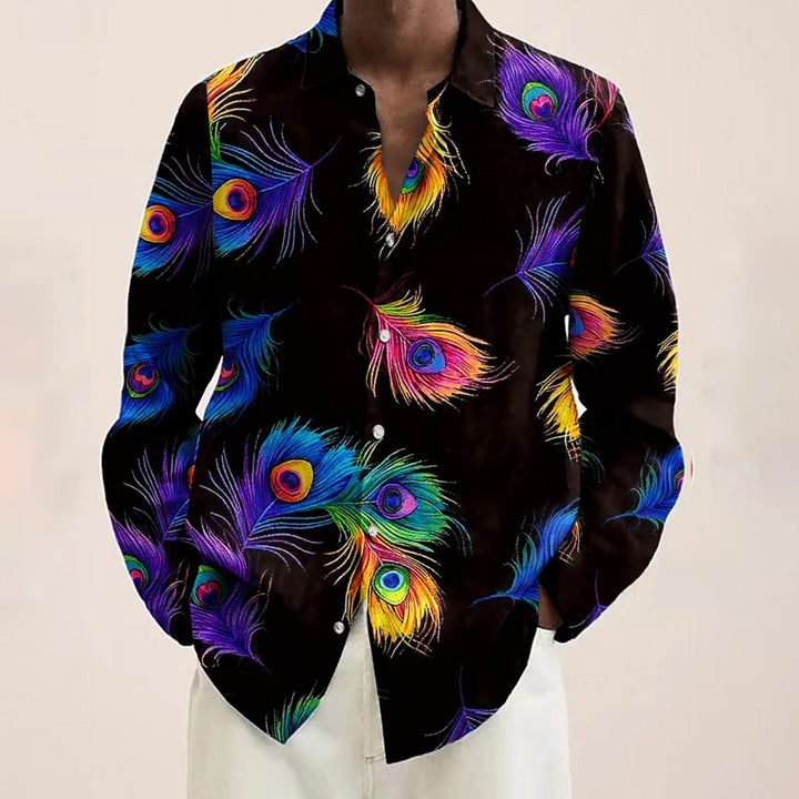 Men's Rainbow Peacock Feather Print Casual Vacation Long Sleeve Shirt