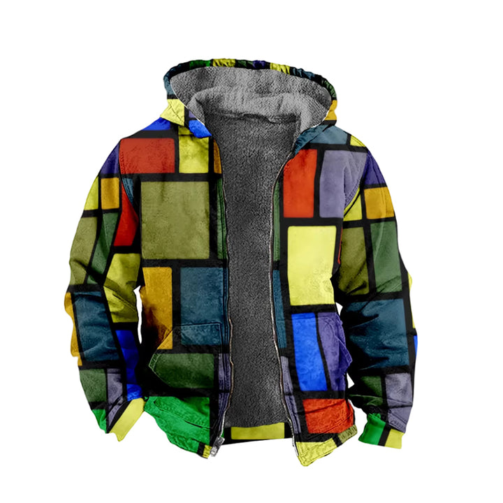 Men's retro casual geometric print hooded long sleeve jacket