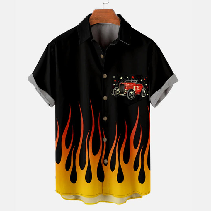 Men's Classic Flame Design with Car Short Sleeve Shirt