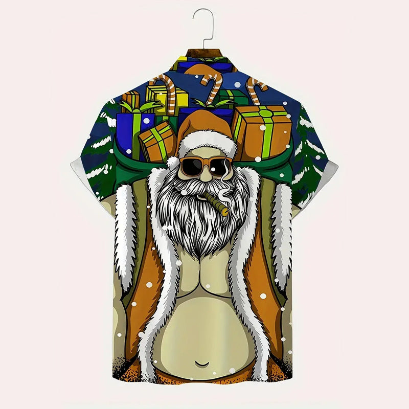 Men's Cartoon Santa Claus Print Short Sleeve Shirt